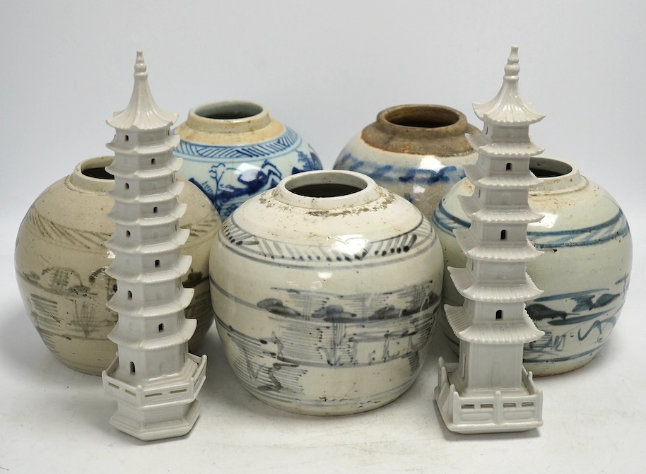 Five 18th/19th century Chinese blue and white ginger jars and two ‘pagoda’ models, tallest 26cm. Condition - fair